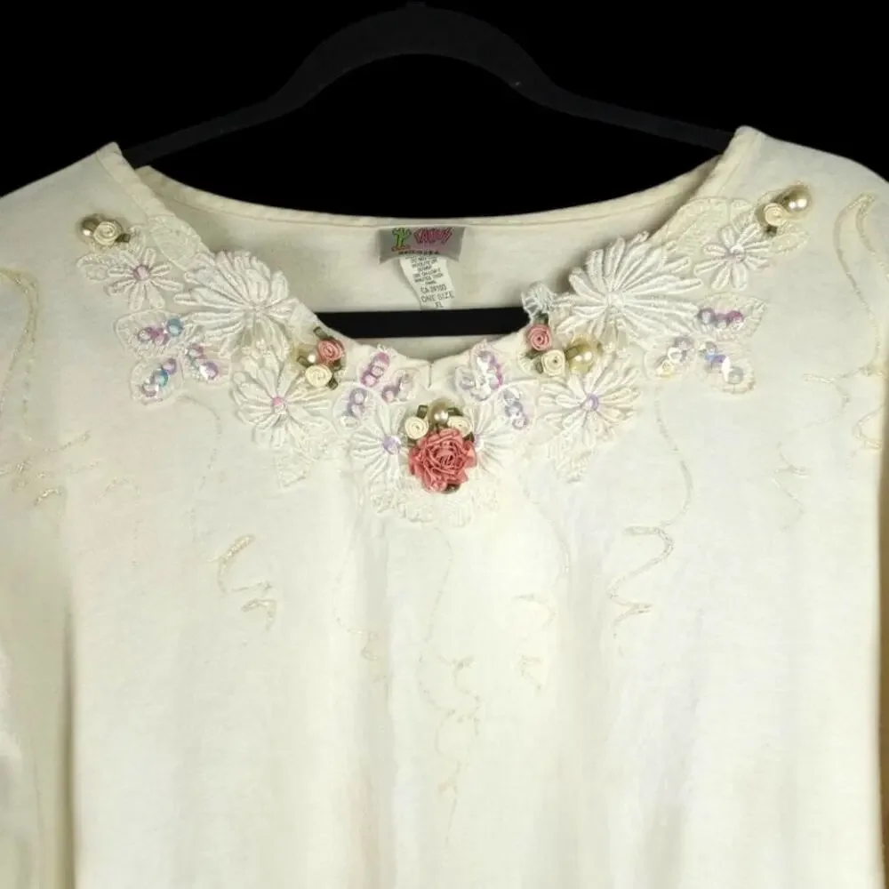 VINTAGE 90s Ecru Tee Embellished Lace Pearls Ribbon Roses XL Fairy Cottage Y2K - Picture 1 of 6